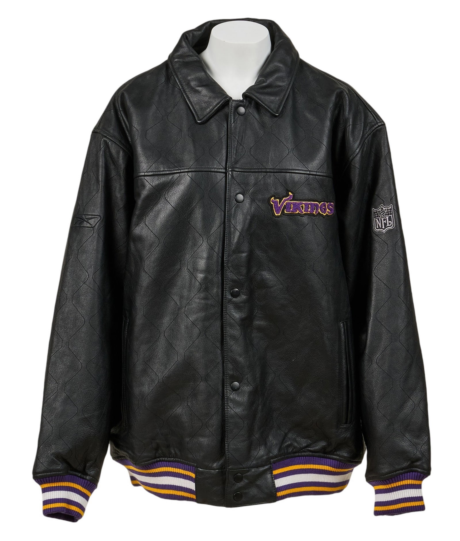 Red McCombs | XL Minnesota Vikings Bomber Jacket: Vintage NFL Minnesota Vikings black leather bomber jacket with six button closure and pockets, size XL length from top of collar: 32 in. shoulder width: 27 in. sleeve length: 25 in.&n