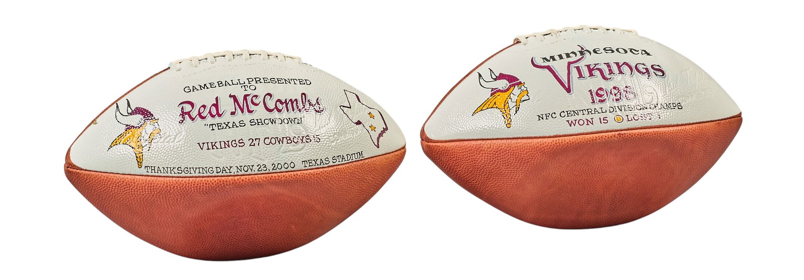 Red McCombs | (2) Minnesota Vikings Commemorative Footballs: Two commemorative Minnesota Vikings footballs, includes football presented to Red McCombs celebrating Minnesota Vikings victory over Dallas Cowboys in November 23rd, 2000 game, and football 