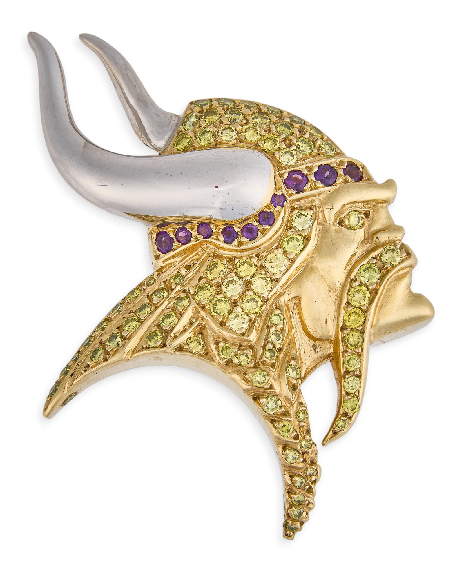 Red McCombs | 14K Viking Slide Pendant: 14K gold Minnesota Vikings slide pendant, set with round brilliant-cut fancy yellow diamonds, sapphires, and amethysts, featuring 14K white gold horns, with "M" design to reverse, marked &qu