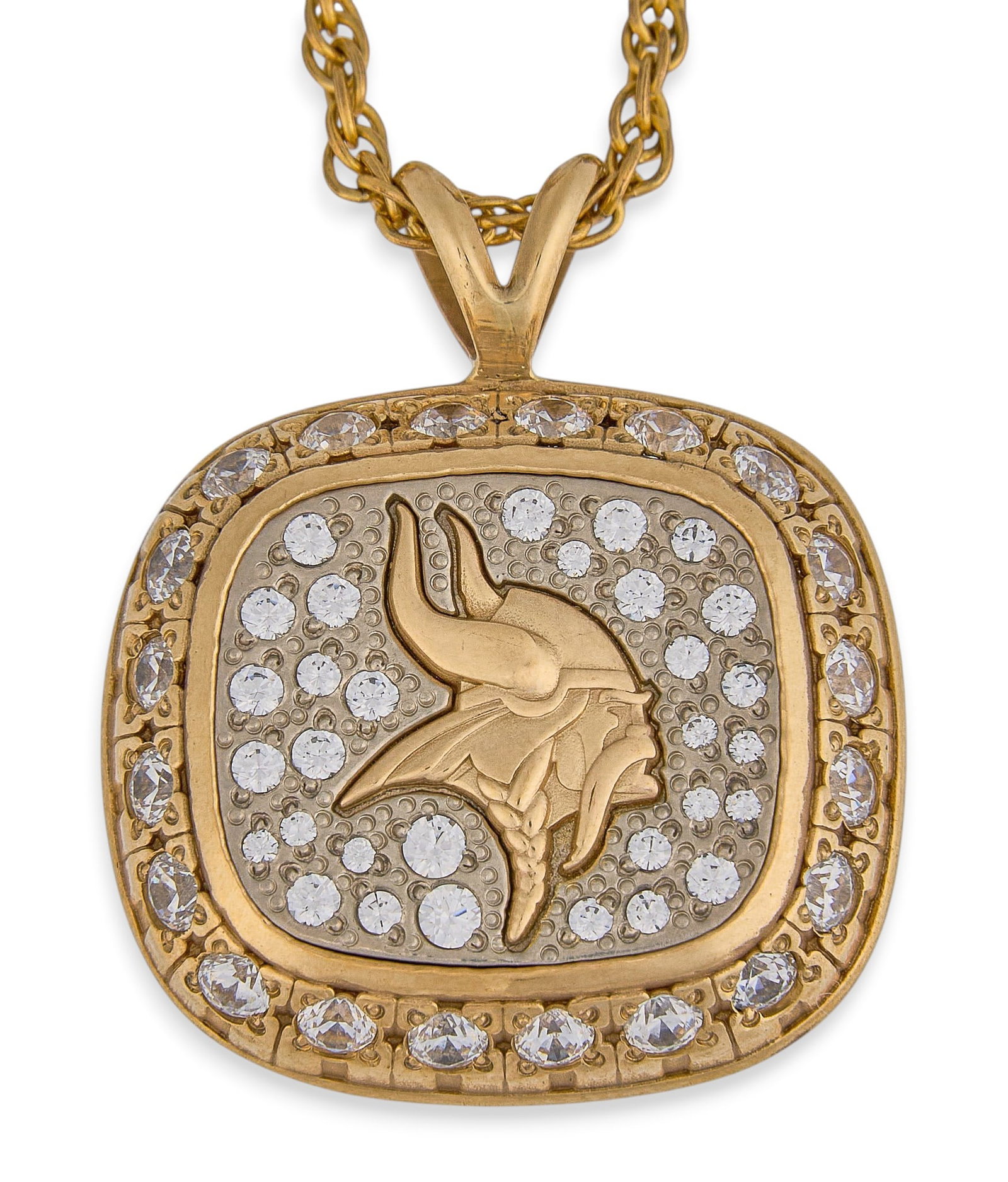 Red McCombs | 10K Viking Necklace: 10K gold necklace with pendant featuring Minnesota Vikings logo and synthetics in pave setting, on gold-filled twisted rope chain, pendant marked "Jostens 10K", clasp marked "1/20 
