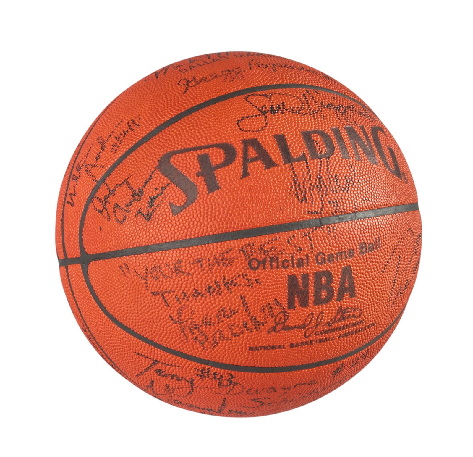 Red McCombs | 1990 Spurs Signed Basketball: San Antonio Spurs signed official game ball from 1990 pre-season victory against Dallas Mavericks, featuring signatures from Gregg Popovich, David Robinson, Larry Brown, Avery Johnson, Sean Elliott, S