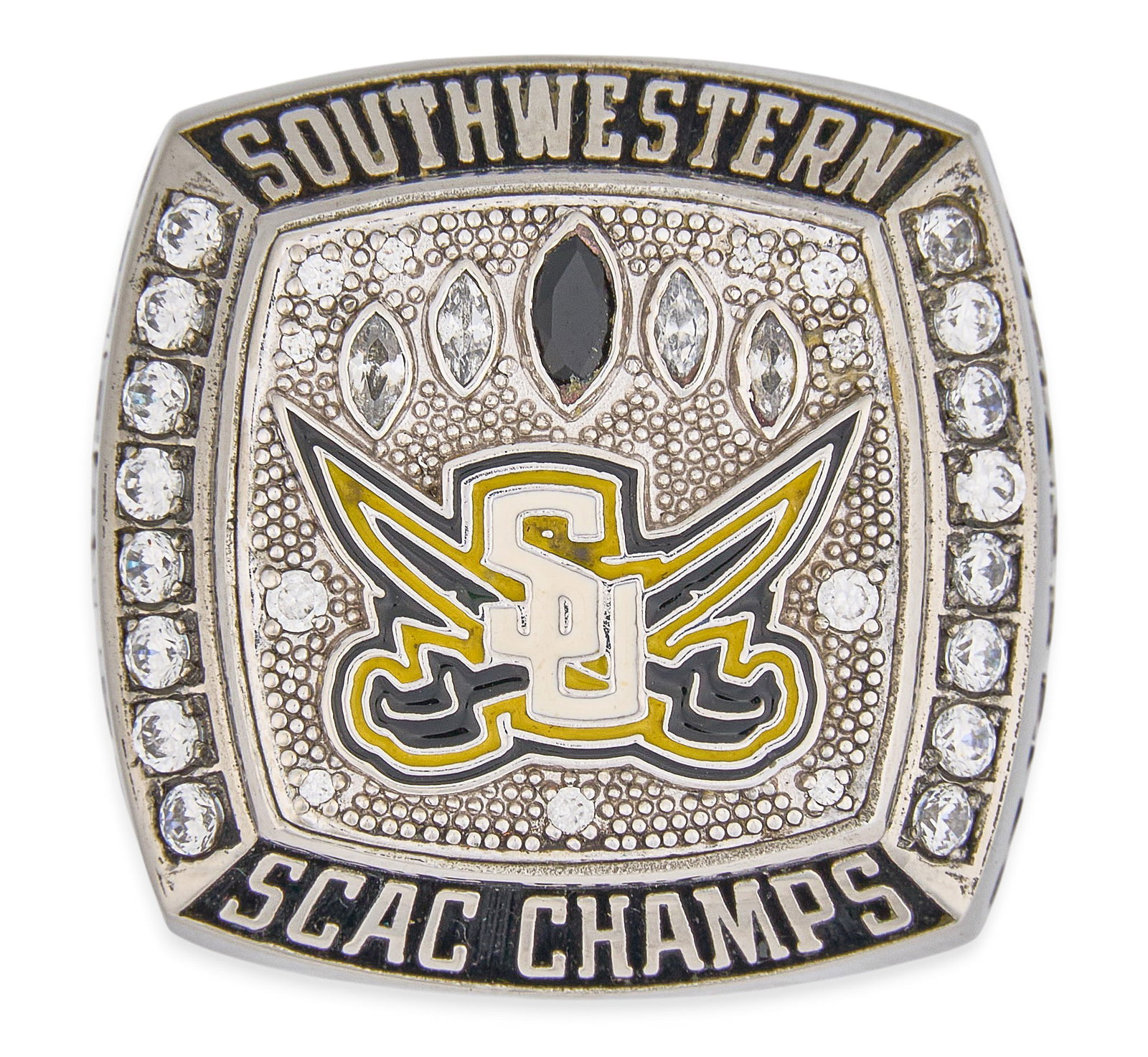 2016 Southwestern University SCAC Championship Ring: 2016 Southwestern University SCAC Championship ring, inscribed "Red McCombs" to interior, made by Ultrium, set with clear stones throughout Size: 11 Total weight: 45.4 g