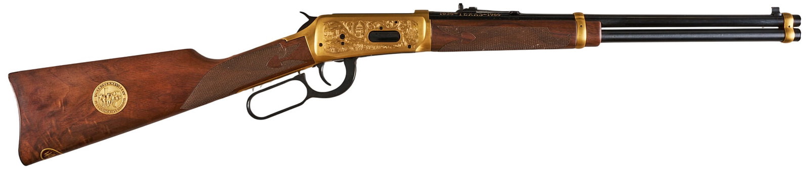 Red McCombs | Winchester Model 94 Texas Sesquicentennial 38-55 Lever Action Rifle: Serial: TEX00078 Manufacturer: Winchester Model: 1894 Texas Sesquicentennial Caliber: 38-55 Barrel Length: 18 in. OAL: 36.25 in. Condition: Very Good; like new in box condition other than a small chip