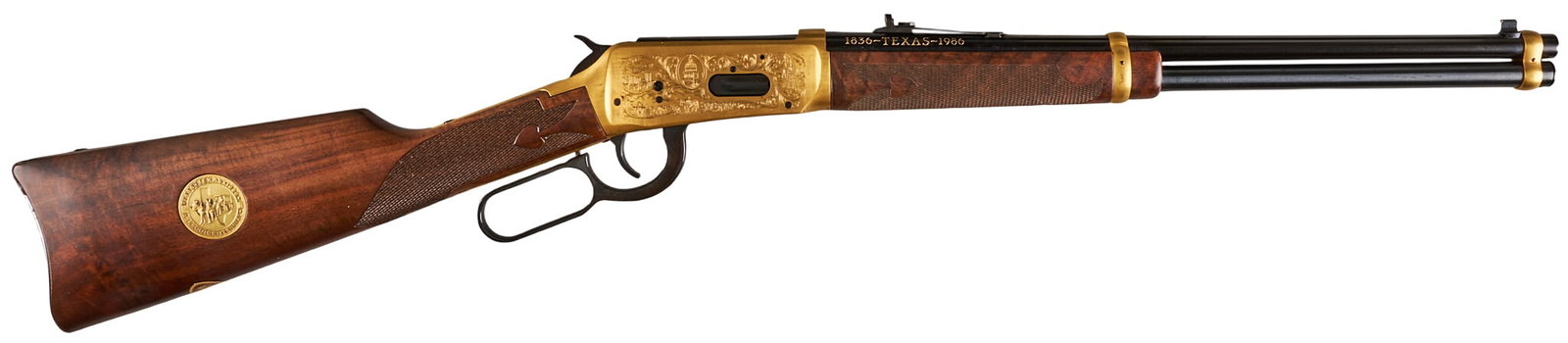 Red McCombs | Winchester Model 94 Texas Sesquicentennial 38-55 Lever Action Rifle: Serial: TEX02671 Manufacturer: Winchester Model: 1894 Texas Sesquicentennial Caliber: 38-55 Barrel Length: 18 in. OAL: 36.25 in. Condition: Very Good; like new in box condition with the exception of l