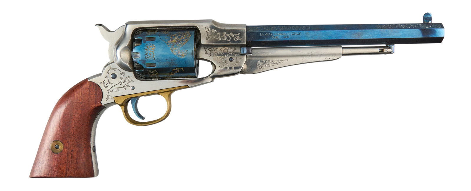 Red McCombs | Cased Frederic Remington Commemorative 1858 Revolver Italian Repro.: Serial: A55699 Manufacturer: Italy Model: Frederick Remington "The Rattlesnake" Commemorative Caliber: 44 OAL: 14 in. Condition: Good; some very light early pitting on barrel; very ligh
