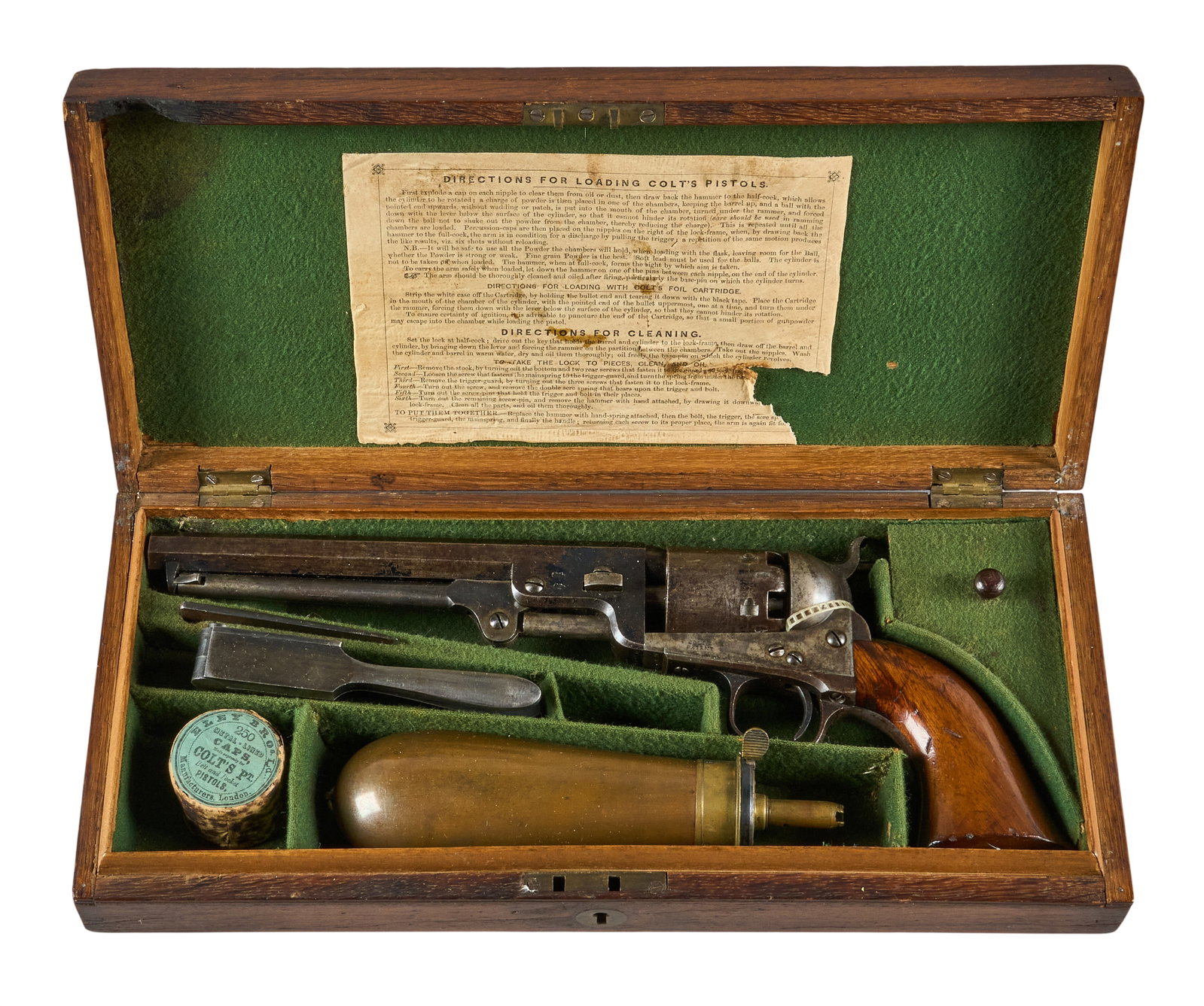 Red McCombs | Fine Cased London Colt Model 1851 Navy Revolver W/ Accoutrements: Serial: 36970 Manufacturer: Colt-London (c. 1854) Model: 1851 Navy "London Colt" Caliber: 36 cal. Barrel Length: 7.5 in. OAL: 13 in. Condition: Very good-antique; wood grips have moderate we