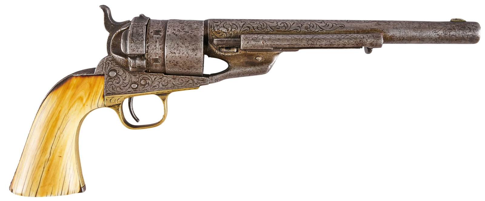Red McCombs | Engraved Colt 1860 Army Richards Conversion W/ Bone Grips: Serial: 3210 Manufacturer: Colt's PT. F.A. Mfg. Co. (c. 1861) Model: 1860 Army First Model Conversion Caliber: 44 Colt Centerfire Barrel Length: 8 in. OAL: 13 in. Condition: Good-antique; bo