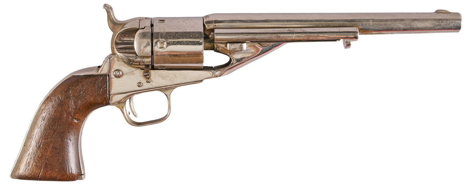 Red McCombs | Nickel Colt 1861 Richards-Mason Conversion 38 CF Revolver: Serial: 31207 Manufacturer: Colt's PT. F.A. Mfg. Co. (c. 1868) Model: 1861 Navy Conversion Caliber: 38 CF Barrel Length: 7.5 in. OAL: 13 in. Condition: Fair-antique refinished; grips have scratche