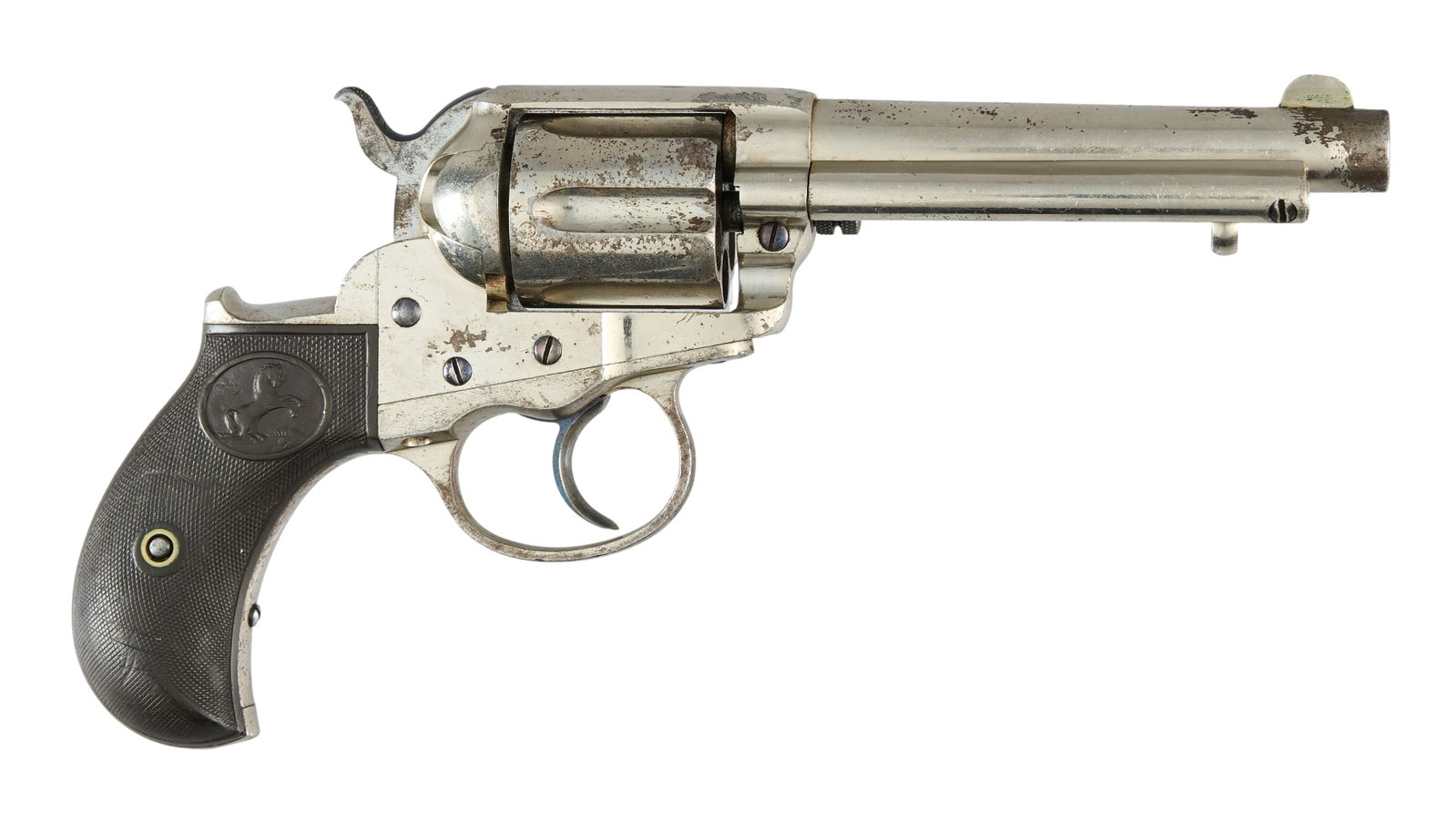 Red McCombs | English Proofed Nickel Colt 1877 DA Lightning 38 Revolver: Serial: 9799 Manufacturer: Colt's PT. F.A. Mfg. Co. (c. 1878) Model: 1877 DA Lightning Caliber: 38LC Barrel Length: 4.5 in. OAL: 9 in. Condition: Good-antique; light scratches & single deep go