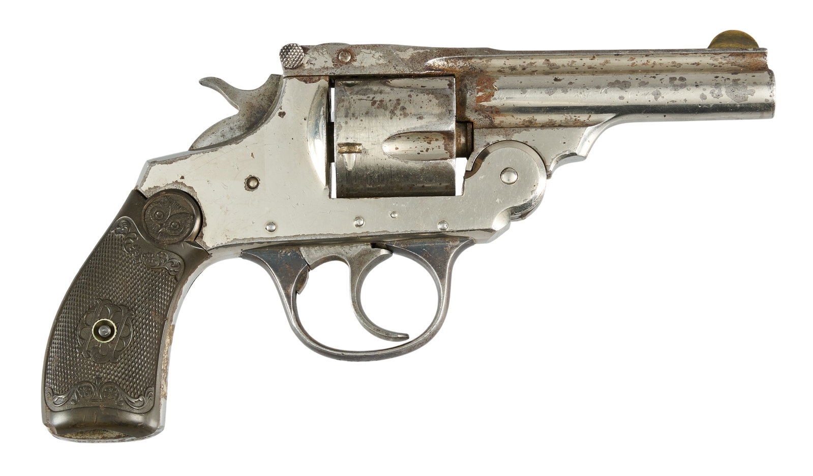 Red McCombs | Iver Johnson Canadian Express Company 38 S&W Revolver: Serial: 89789 Manufacturer: Iver Johnson Model: Top Break Safety Automatic Caliber: 38 S&W Barrel Length: 3.25 in. OAL: 7.25 in. Condition: Poor; chunk missing from bottom of right panel; oxidatio