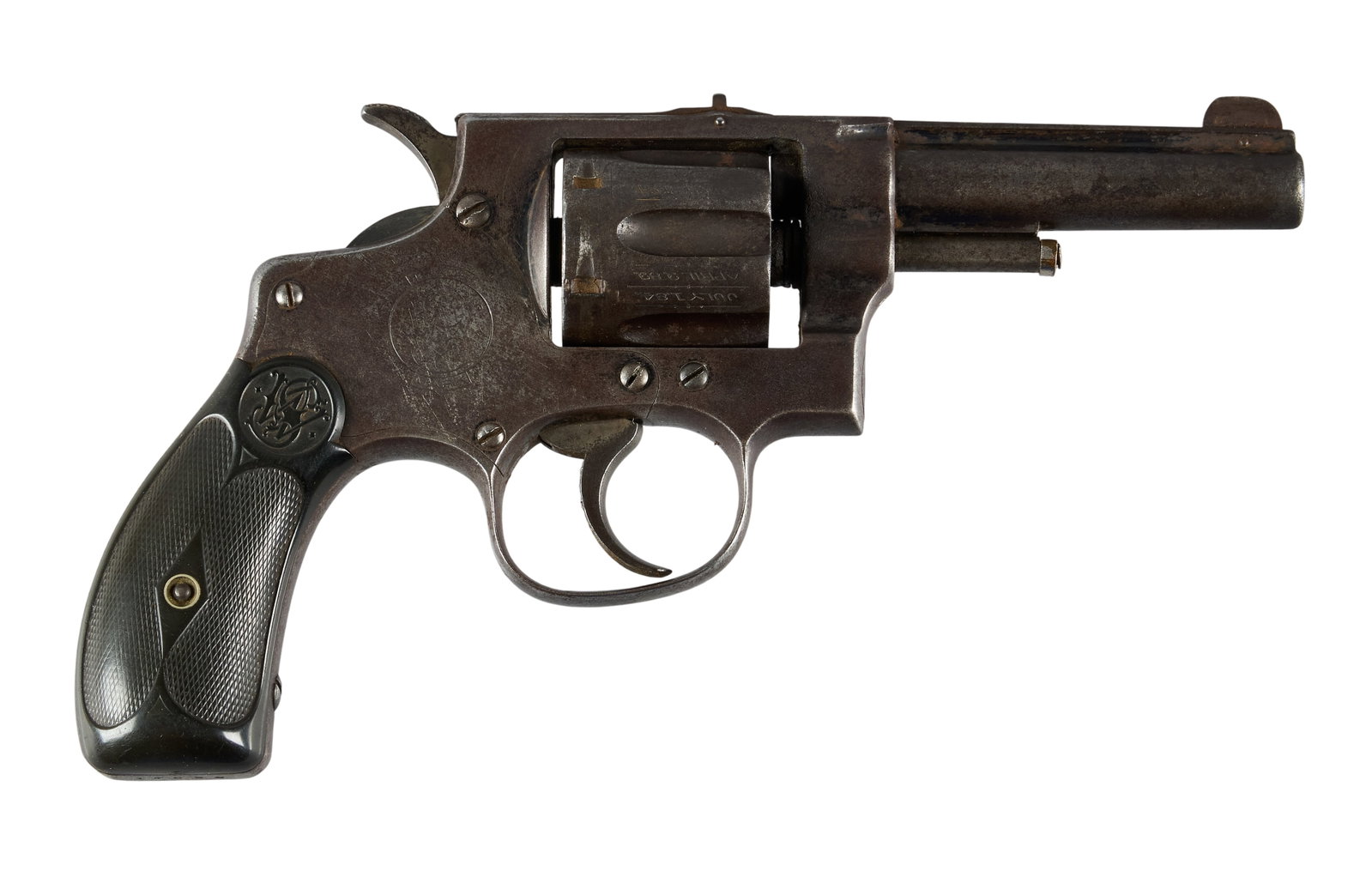 Red McCombs | Smith & Wesson Model 1896 Revolver W/ Holster: Serial: 17098 Manufacturer: Smith & Wesson (c. 1901-1902) Model: 32 Hand Ejector First Model / Model of 1896 Caliber: 32 S&W Long Barrel Length: 3.25 in. OAL: 7.25 in. Condition: Poor; wear &a