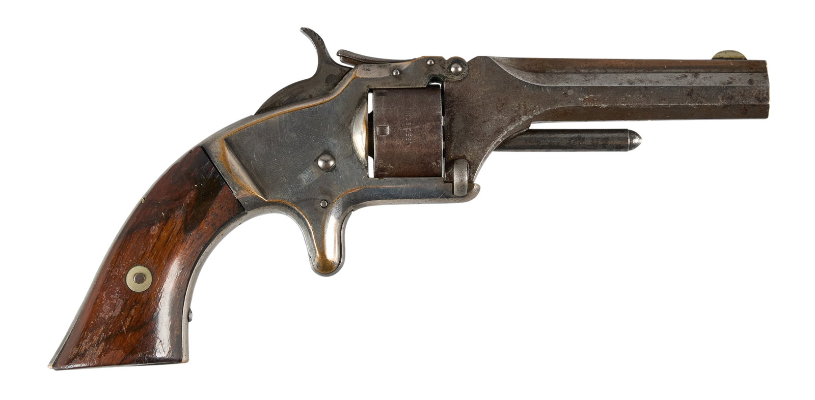 Red McCombs | Smith & Wesson No 1 22 Rimfire Revolver Named to E.T. Noble: Serial: 83993 Manufacturer: Smith & Wesson (c. 1865-1866) Model: No. 1 2nd Issue Caliber: 22 Short Barrel Length: 3.25 in. OAL: 6.5 in. Condition: Fair-antique; light pressure dents, scratches &am