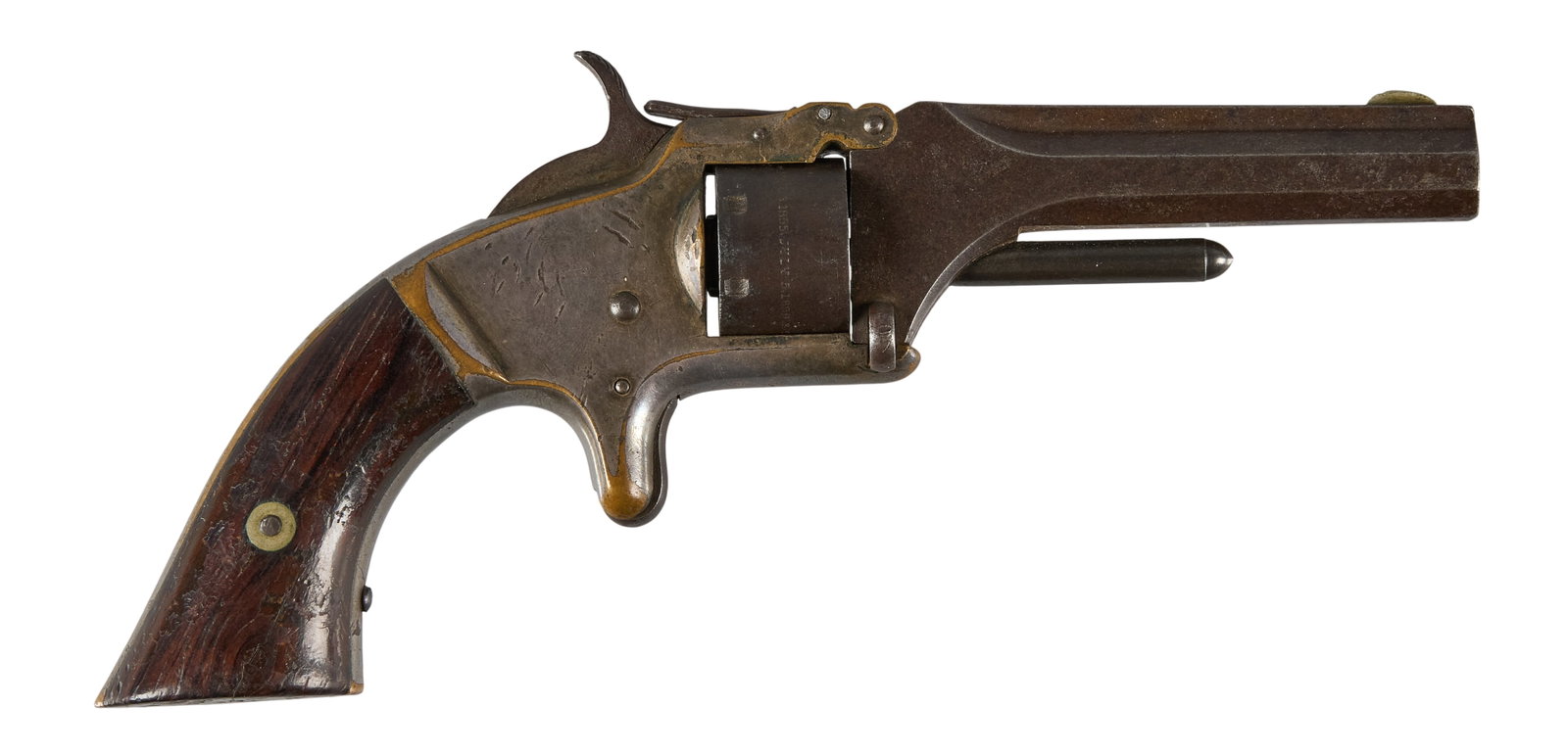 Red McCombs | Smith & Wesson No 1 2nd Issue 22 Rimfire Revolver: Serial: 88265 Manufacturer: Smith & Wesson (c. 1860-1868) Model: No. 1 2nd Issue Caliber: 22 Short Barrel Length: 3.25 in. OAL: 6.25 in. Condition: Good-antique; grips may have been replaced, mism