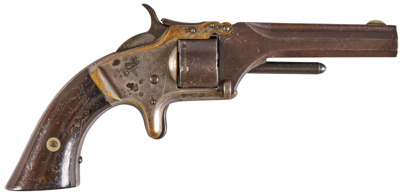 Red McCombs | Smith & Wesson No 1 2nd Issue 22 Rimfire Revolver: Serial: 88506 Manufacturer: Smith & Wesson (c. 1860-1868) Model: No. 1 2nd Issue Caliber: 22 Short Barrel Length: 3.25 in. OAL: 6.5 in. Condition: Good-antique; light scratches & pressure dent