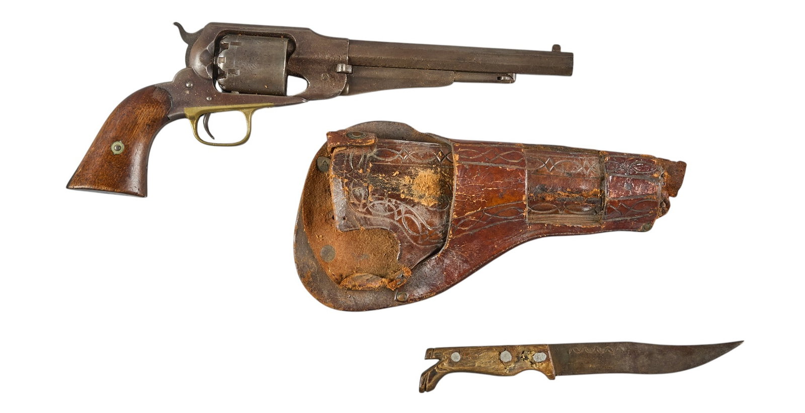 Red McCombs | Martially Marked Remington New Model Army Revolver W/ Knife & Holster: Serial: 90158 Manufacturer: Remington (c. 1864) Model: New Model Army 1858 Caliber: 44 Barrel Length: 8 in. OAL: 14 in. Condition: Good-antique; grips have darkened with some small chips & scratch