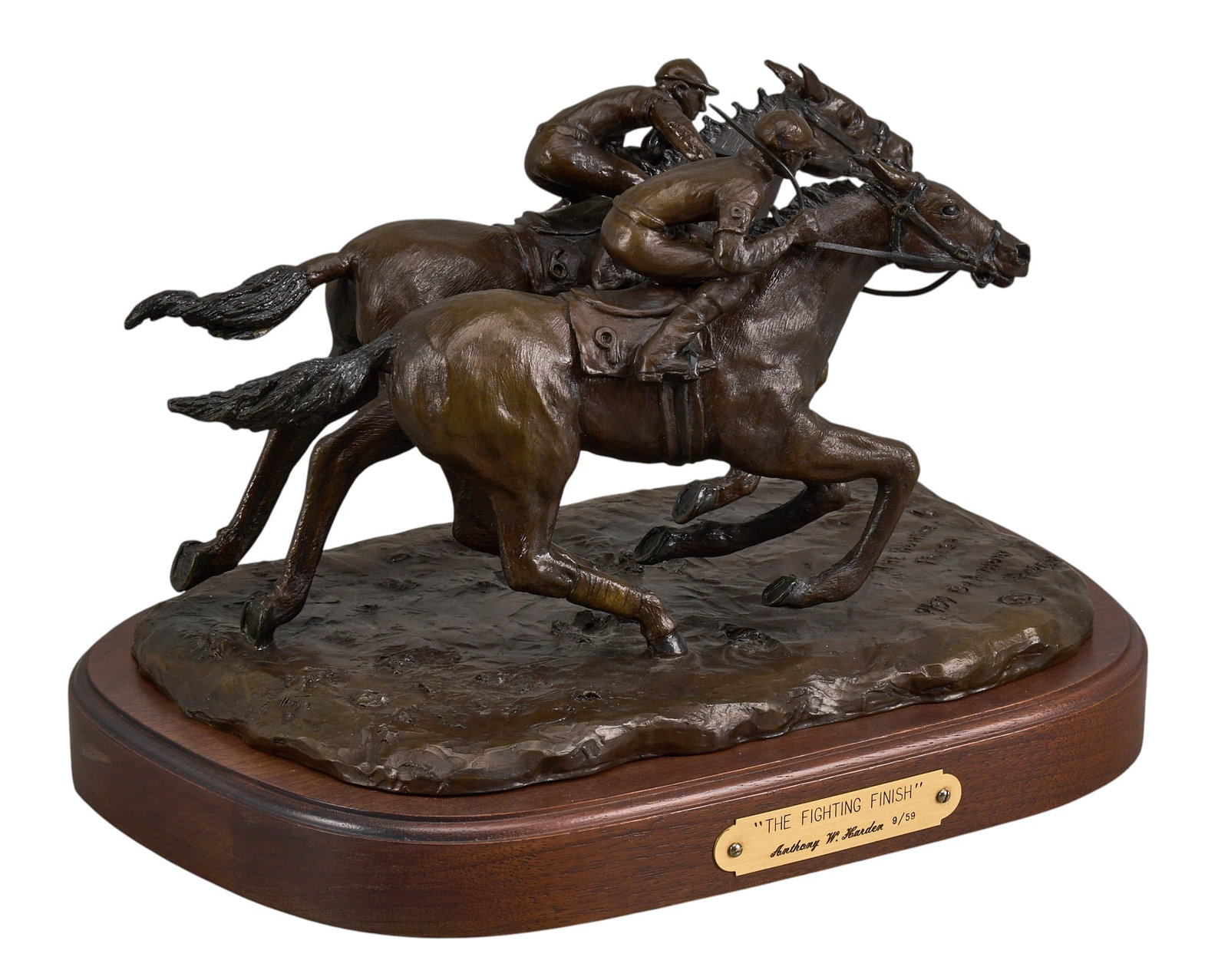 Red McCombs | Anthony Harden, "The Fighting Finish": Anthony W. Harden (Amer., b. 20th C.), "The Fighting Finish", artist-cast bronze sculpture on wooden base, with incised signature, title, and edition number 9/59 height 7 in. x width 1