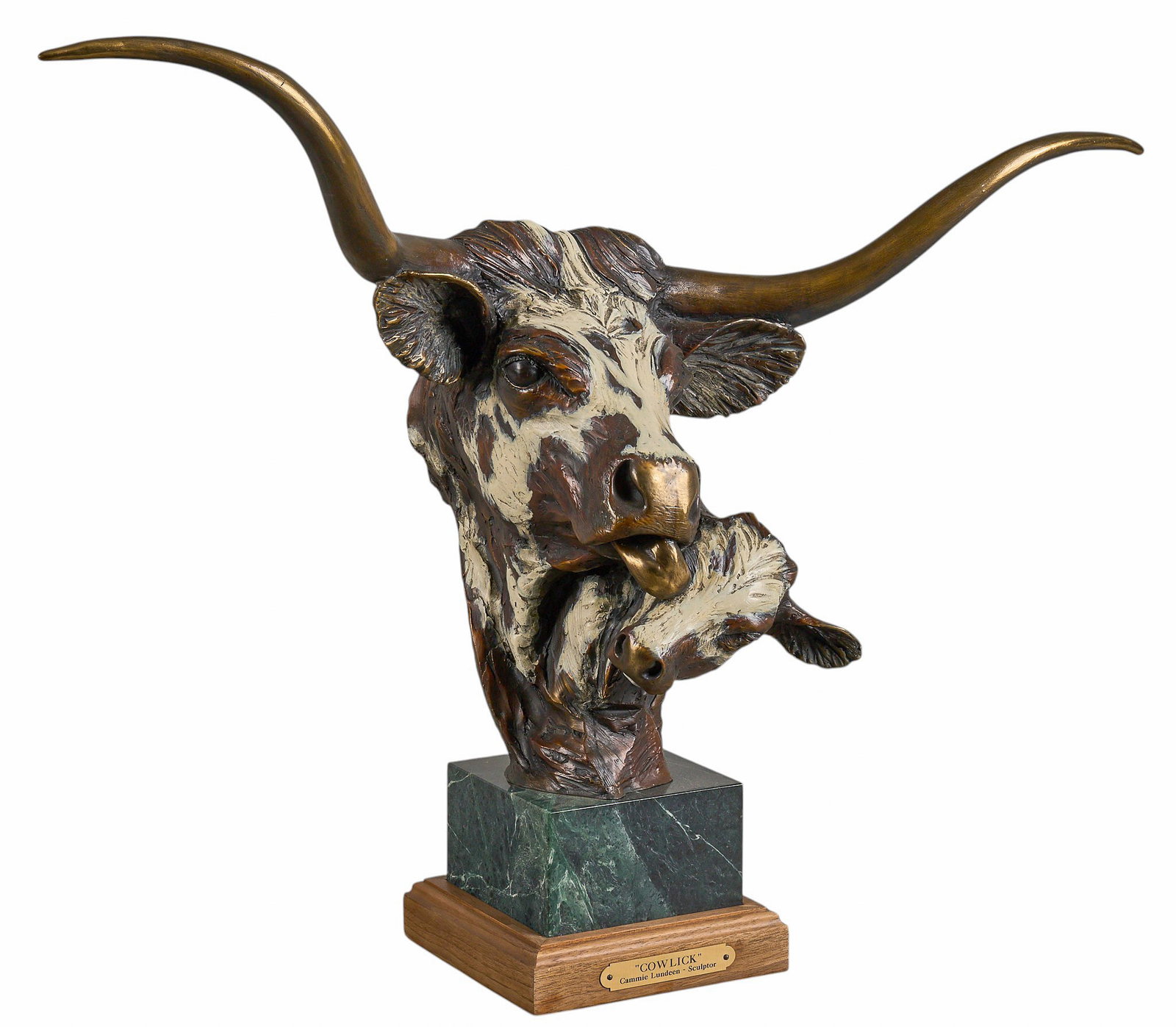 Red McCombs | Cammie Lundeen, "Cowlick": Cammie Lundeen (Colorado, b. 1957), "Cowlick", artist's proof (AP) cold-painted bronze sculpture atop stone plinth and wooden base, incised signature and AP, with brass plaque readi