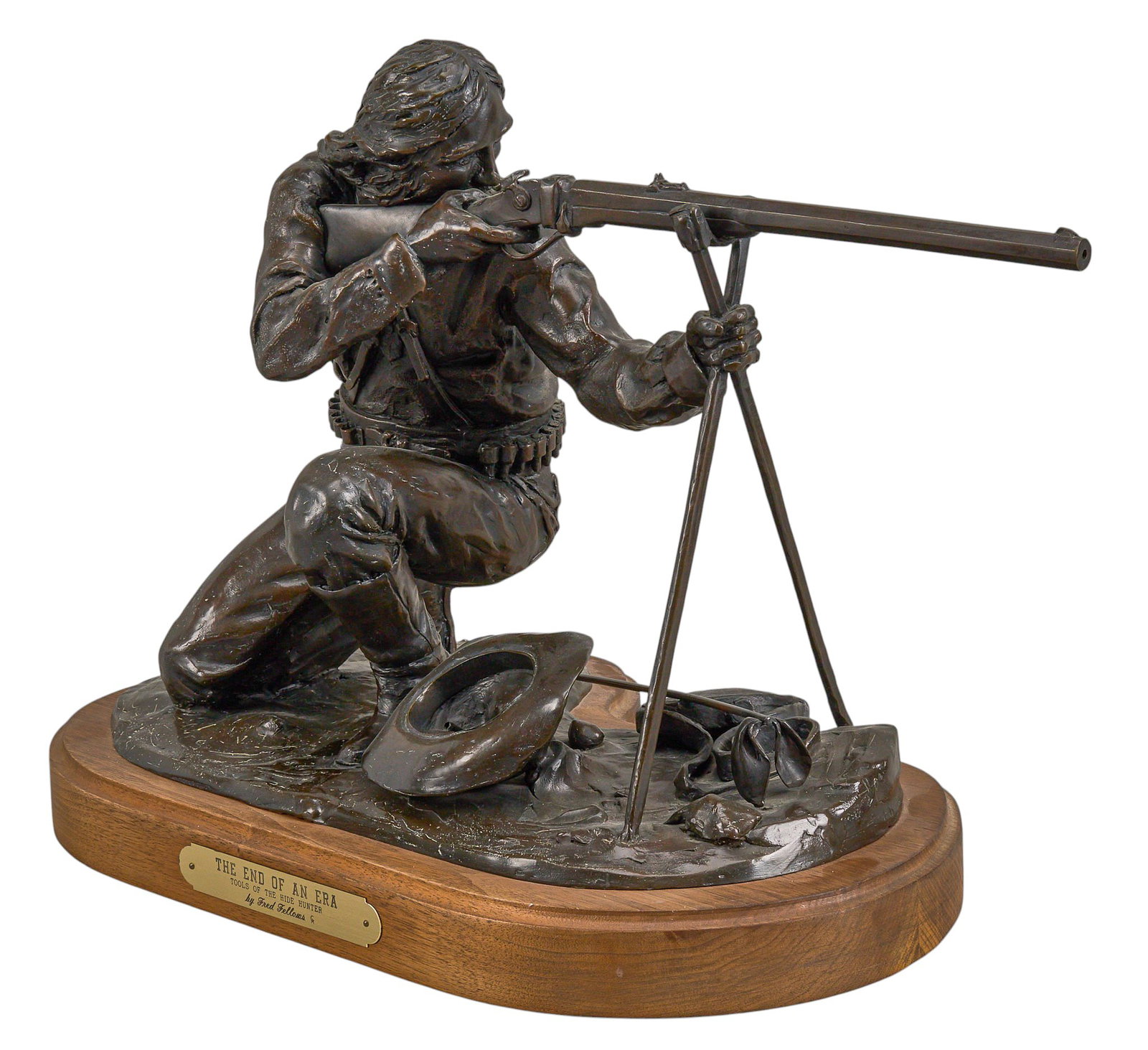 Red McCombs | Fred Fellows, "The End of an Era": Fred Fellows (Arizona / California, b. 1934), "The End of an Era: Tools of the Hide Hunter", artist-cast bronze sculpture on wooden base, with incised signature, edition number 39/