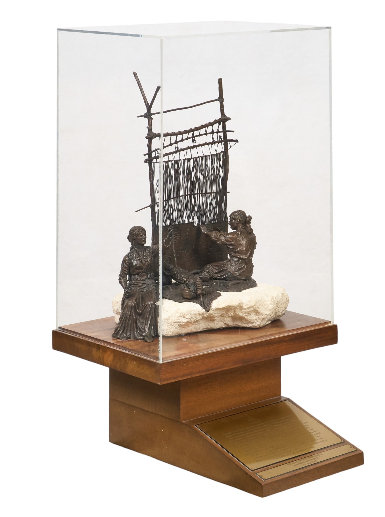 Red McCombs | Barvo Walker, "First American Rug Makers": Barvo N. Walker (Texas, 1932-2022), "First American Rug Makers", artist-cast bronze sculpture on rough stone base, with incised signature and edition number 5/30, in cust