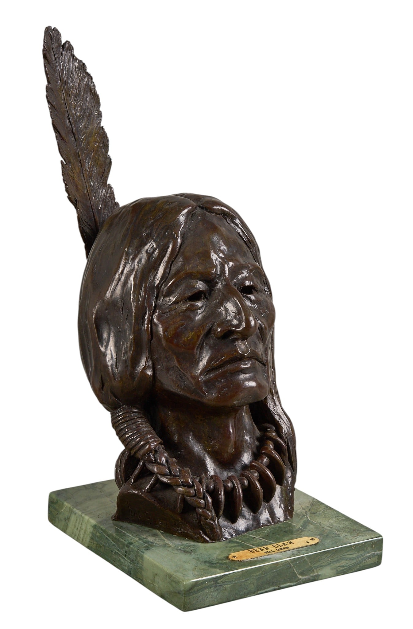 Red McCombs | Bill Owen, "Bear Claw": Bill Owen (Arizona, 1942-2013), "Bear Claw", artist-cast bronze sculpture on green stone base, with incised signature and edition number 9/25 height 14 in. x width 7 in. x depth 9&
