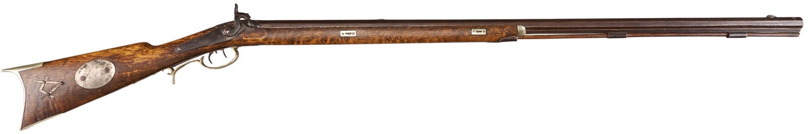 Red McCombs | Texas Masonic J. Mestier Half-Stock Percussion Long Rifle: Manufacturer: J.R. Mestier-Louisina/Texas (c. late 18th c.) Model: half-stock percussion rifle Caliber: 48 cal. Barrel Length: 39 in. OAL: 56 in. Condition: Fair-antique; wood stock has mostly light w