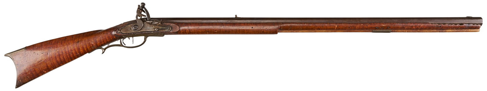 Red McCombs | Unknown Antique Eagle Mounted Full Stock Kentucky Flintlock Musket: Manufacturer: unknown Model: flintlock Kentucky musket Caliber: approx. 50 cal. Barrel Length: 34 in. OAL: 49 in. Condition: Fair-antique; wood stock has significant wear w/ some splitting & 