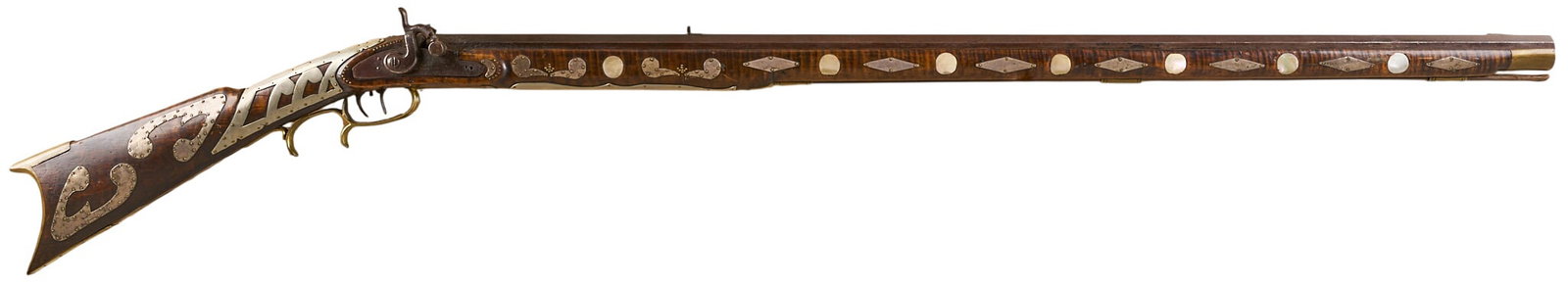 Red McCombs | Ornate Silver & Mother of Pearl Mounted Full-Stock Percussion Kentucky Rifle: Manufacturer: unknown (c. mid 19th c.) Model: full-stock Kentucky rifle Caliber: 31 cal. Barrel Length: 40 in. OAL: 55.5 in. Condition: Fair-good antique; wood stock has mostly moderate wear & pat