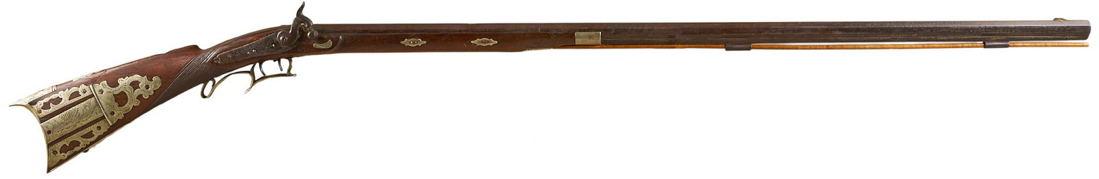 Red McCombs | W. Wells & Bro. Half-Stock Percussion Kentucky Trade Rifle W/ German Silver Inlay: Manufacturer: W. Wells & Bro.-Madison, Ind. (c. mid 19th c.) Model: half-stock Kentucky rifle Caliber: 34 cal. Barrel Length: 41.5 in. OAL: 57 in. Condition: Fair-good antique; wood stok has moder