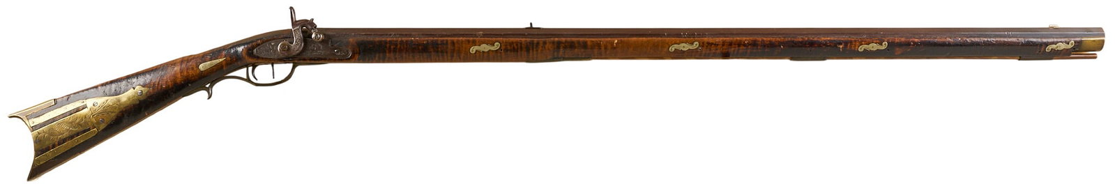Red McCombs | Eagle Gun Factory Full Stock Percussion Kentucky Rifle W/ Silver Eagle Motif: Manufacturer: Eagle Gun Factory-Philadelphia, Penn. (c. early 19th c.) Model: full-stock Kentucky rifle (converted from flintlock) Caliber: 40 cal. Barrel Length: 40 in. OAL: 55 in. Condition: Good-an