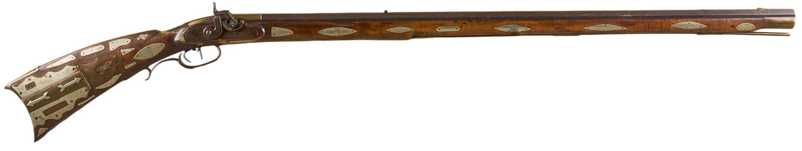 Red McCombs | Extensively Inlaid Pennsylvania Percussion Full-Stock Kentucky Rifle: Manufacturer: Unknown (signed on barrel, but illegible) Model: percussion converted Kentucky rifle Caliber: approx. 32 cal. Barrel Length: 36 in. OAL: 50 in. Condition: Fair-antique condition; wood st