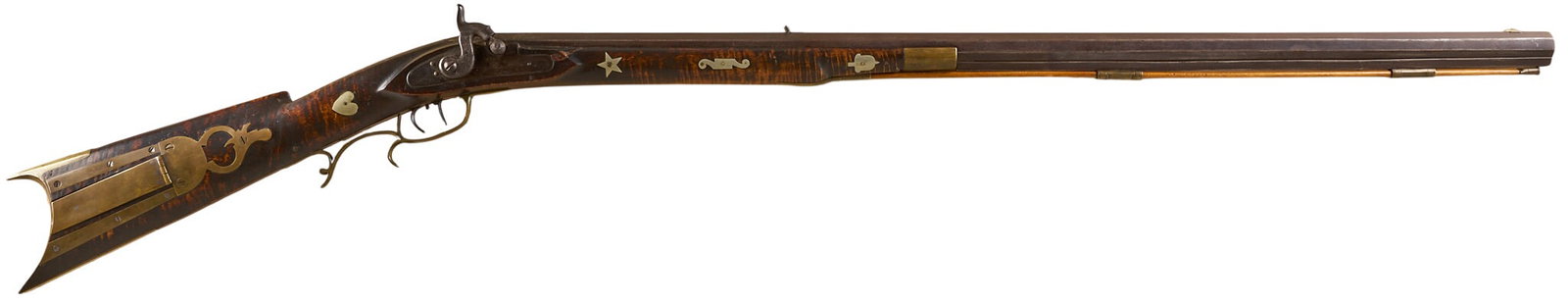Red McCombs | Silver Inlaid Henry Leman Lancaster Pennsylvania Percussion Plains Rifle: Manufacturer: Henry Leman-Lancaster, Pennsylvania (c. mid-late 19th c.) Model: half-stock plains rifle Caliber: approx. 34 cal. Barrel Length: 37 in. OAL: 53 in. Condition: Good-antique; wood stock ha