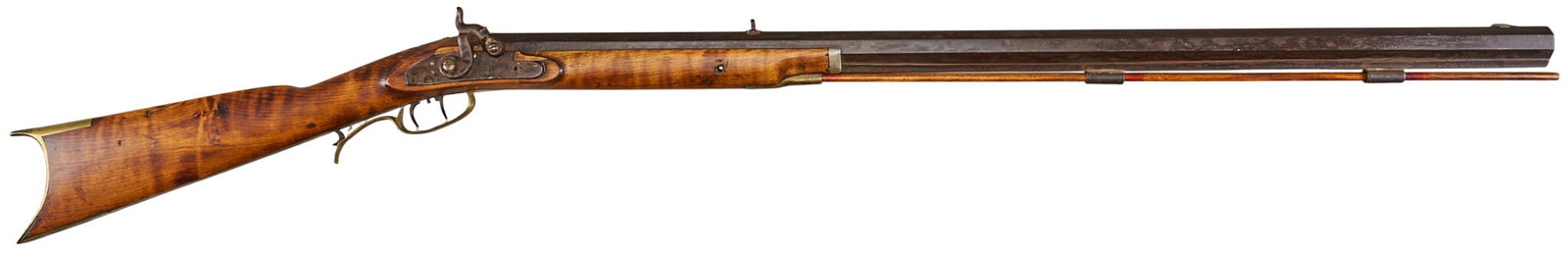 Red McCombs | Hugh Brenan of St. Louis Signed Half-Stock Percussion Plains Rifle: Manufacturer: Hugh Brenan-St. Louis, MO (c. 1850s) Model: half-stock percussion Plains rifle Caliber: 44 cal. Barrel Length: 36 in. OAL: 52 in. Condition: Fair-good antique; wood stock appears to have