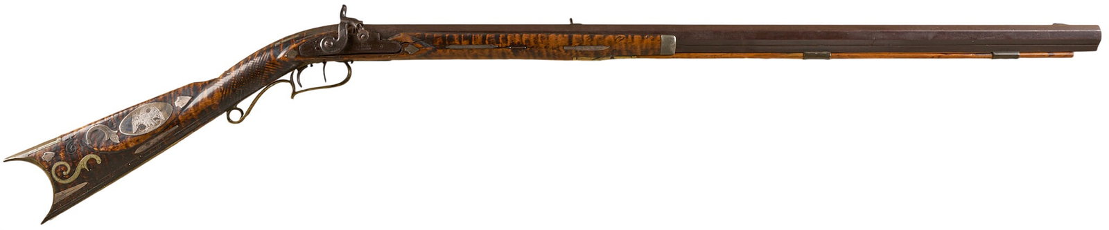 Red McCombs | Eagle Motif Silver Mounted Henry Parker Percussion Plains Rifle: Manufacturer: Henry Parker (c. mid 19th c.) Model: half-stock plains rifle (converted from flintlock) Caliber: 40 cal. Barrel Length: 35 in. OAL: 50.5 in. Condition: Fair-antique; wood stock has