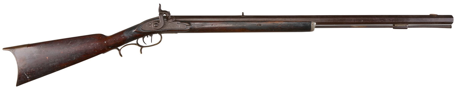 Red McCombs | Highly Desirable S. Hawken Marked Percussion Plains Rifle: Manufacturer: Sam Hawken-St. Louis, MO (c. mid 19th c.) Model: half-stock percussion Plains rifle Caliber: approx. 40 cal. Barrel Length: 28 in. OAL: 44 in. Condition: Fair-good antique condition; woo