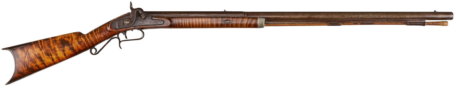 Red McCombs | R. Ashmore Half Stock Percussion Musket W/ US Model 1803 Barrel: Manufacturer: unknown / R. Asmore lock (c. mid 19th c.) Model: half-stock Plains rifle Caliber: 63 cal. Barrel Length: 32.5 in. OAL: 48 in. Condition: Good-antique; wood stock has been sanded & re