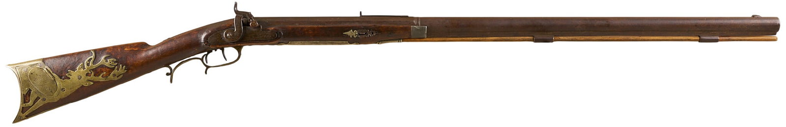 Red McCombs | J.M. Caswell German Silver Mounted Half-Stock Percussion Plains Rifle: Manufacturer: Caswell & Herbert; JM Caswell, Albany, NY (c. mid-19th. c) Model: percussion-converted plains rifle Caliber: approx. 46 cal. Barrel Length: 26 in. OAL: 52 in. Condition: Fair-antique