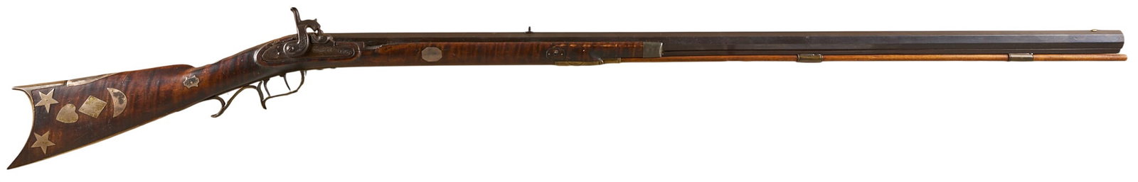 Red McCombs | Antique Joseph Golcher Half-Stock Silver-Mounted Percussion Plains Rifle: Manufacturer: Joseph Golcher (c. mid-19th c.) Model: half-stock plains rifle Caliber: 45 cal. Barrel Length: 41 in. OAL: 56.5 in. Condition: Fair-good antique; wood stock moderate wear & patina co