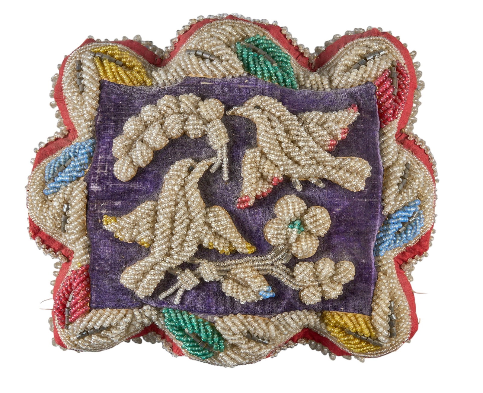 Red McCombs | Native American Iroquios Beaded Pincushion: Native American Iroquois raised beaded pin cushion, circa late 19th to early 20th century, featuring bird and plant motifs height 7.5 in. x width 8.5 in. x depth 4 in. 