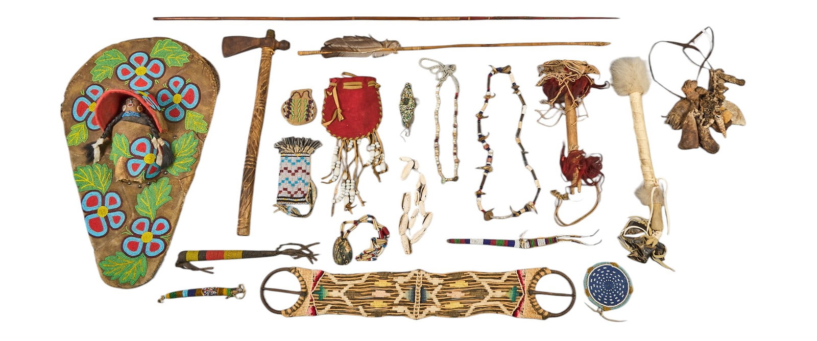 Red McCombs | Collection of Native American Items: Collection of various Native American functional and decorative items, includes one 19th century beaded cradle board attributed as either Seminole or Cherokee, one mid-19th century medicine man's 