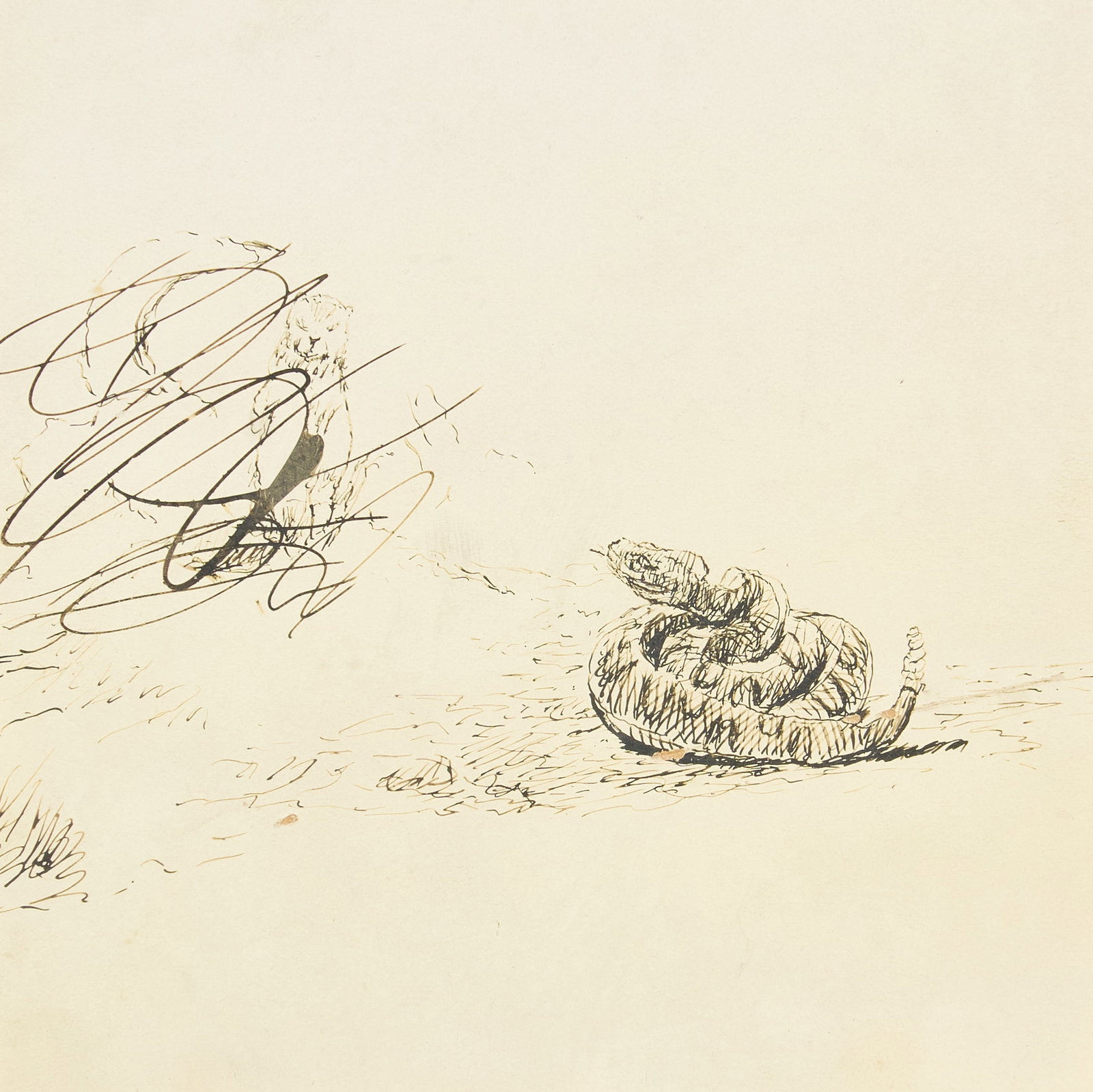 Red McCombs | C. M. Russell, "Rattlesnake and Prairie Dog": Charles Marion Russell (Amer., 1864-1926), "Rattlesnake and Prairie Dog", pen and ink drawing on photographer's mounting board (LeMunyon of Great Falls, Montana); with coiled r
