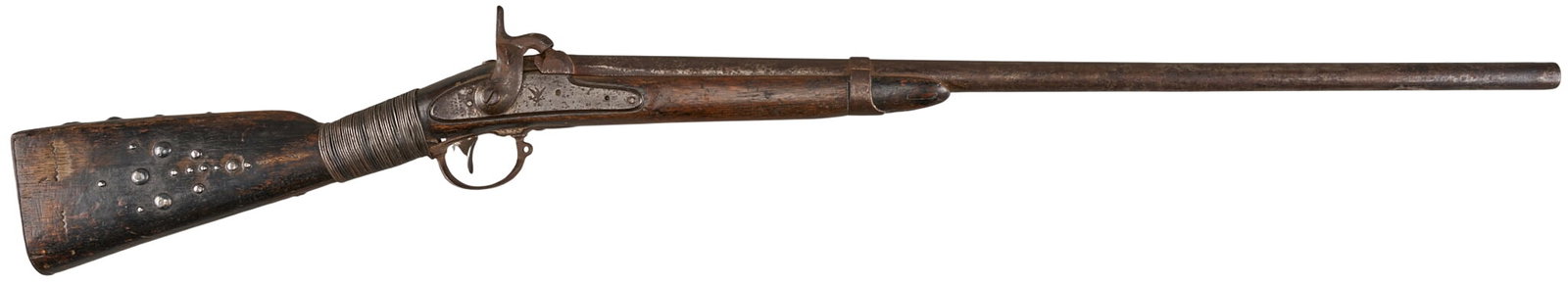 Red McCombs | US Harpers Ferry Model 1842 Native American Tacked Musket: Manufacturer: Harpers Ferry (c. 1840s-1850s) Model: M1842 Carbine (American Indian decorated) Caliber: 69 cal. Barrel Length: 30 in. OAL: 46 in. Condition: Fair-antique; wood stokc has heavy wear &
