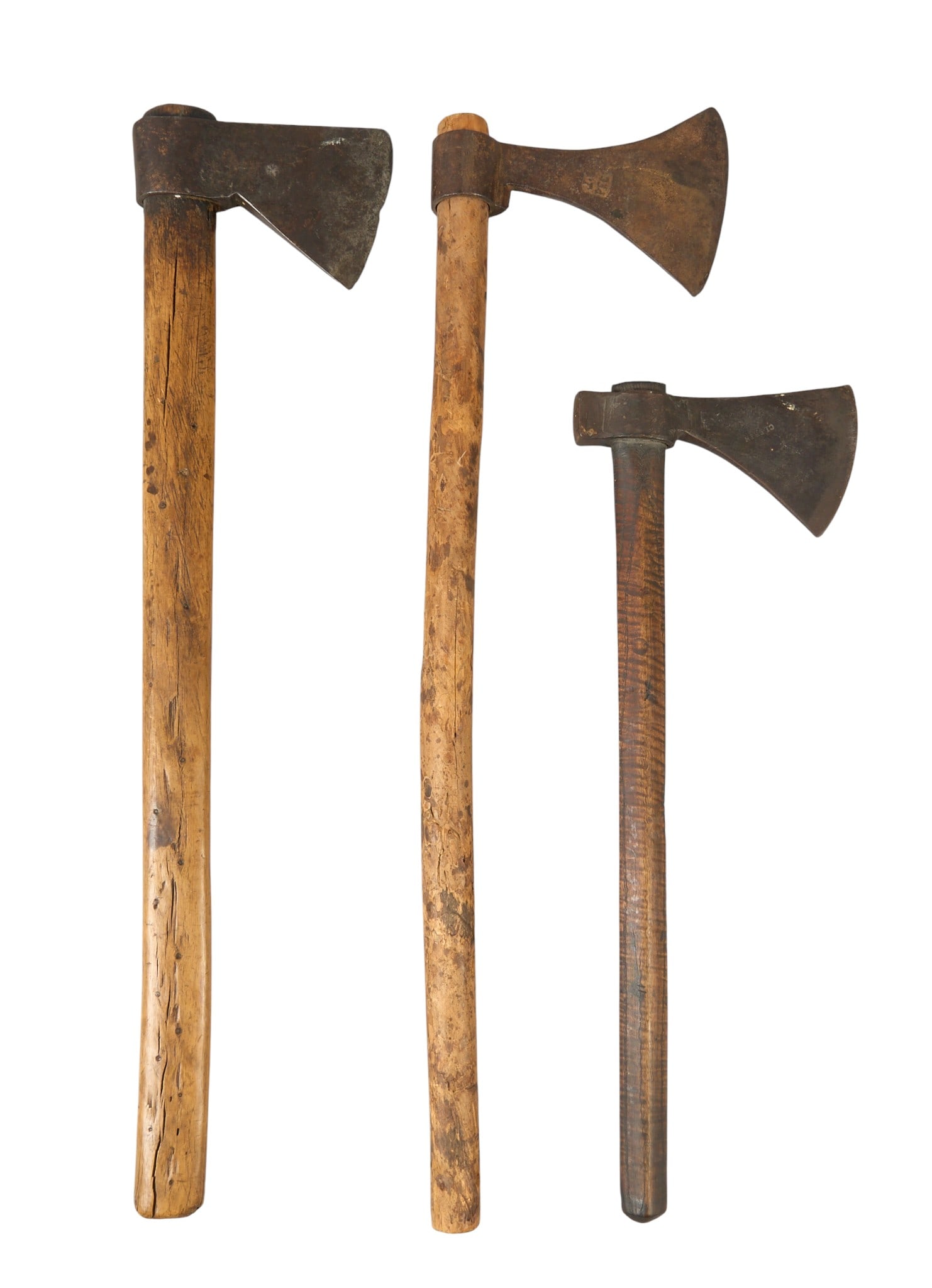 Red McCombs | (3) French Colonial Period Tomahawks: Collection of three French colonial period tomahawks, circa 1750-1770 height 26 in. x width 6.5 in. / largest Provenance: Prop