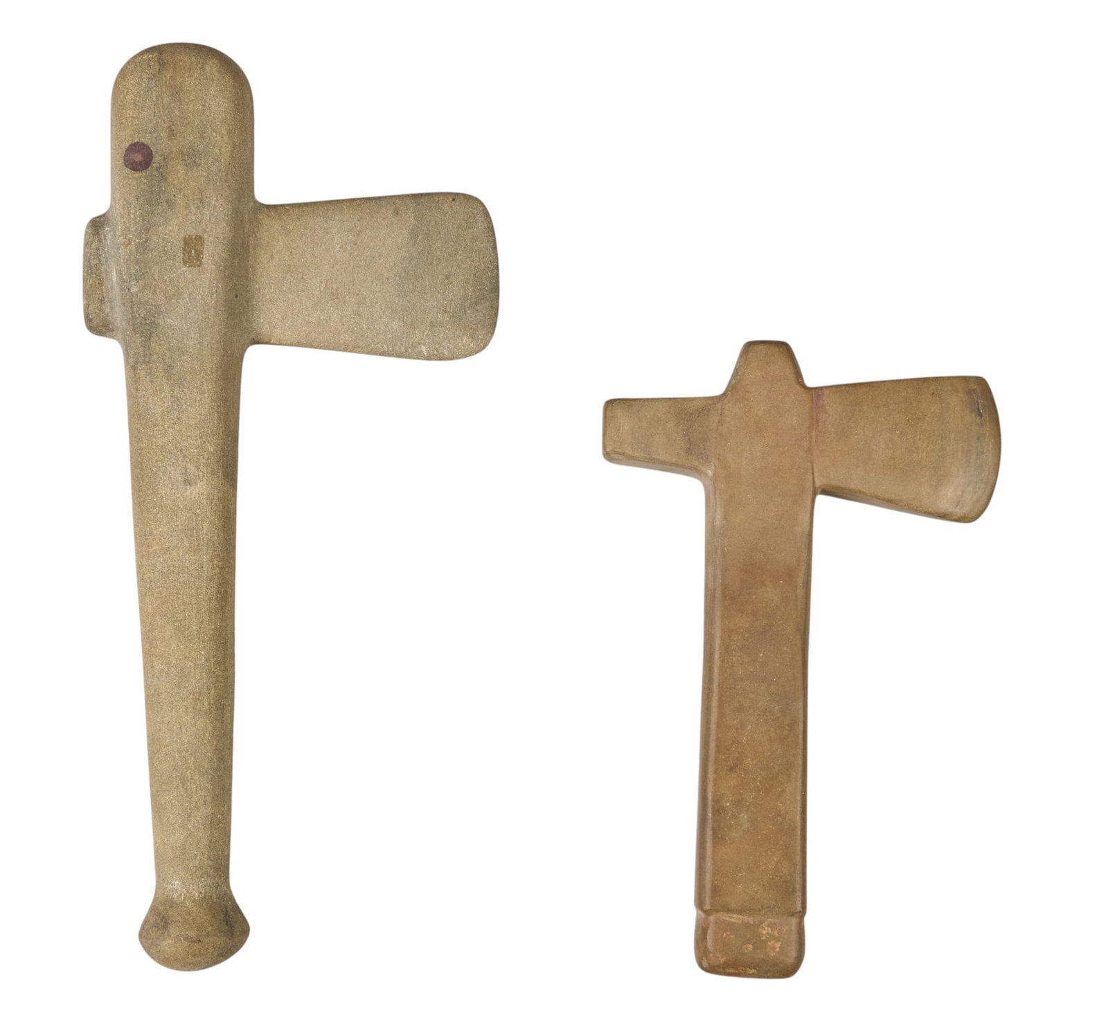 Red McCombs | Pair of Stone Tomahawks: Pair of stone tomahawks carved from green stone, purportedly discovered along the Rio Grande height 13 in. x width 6 in. x depth 1 in. / largest 