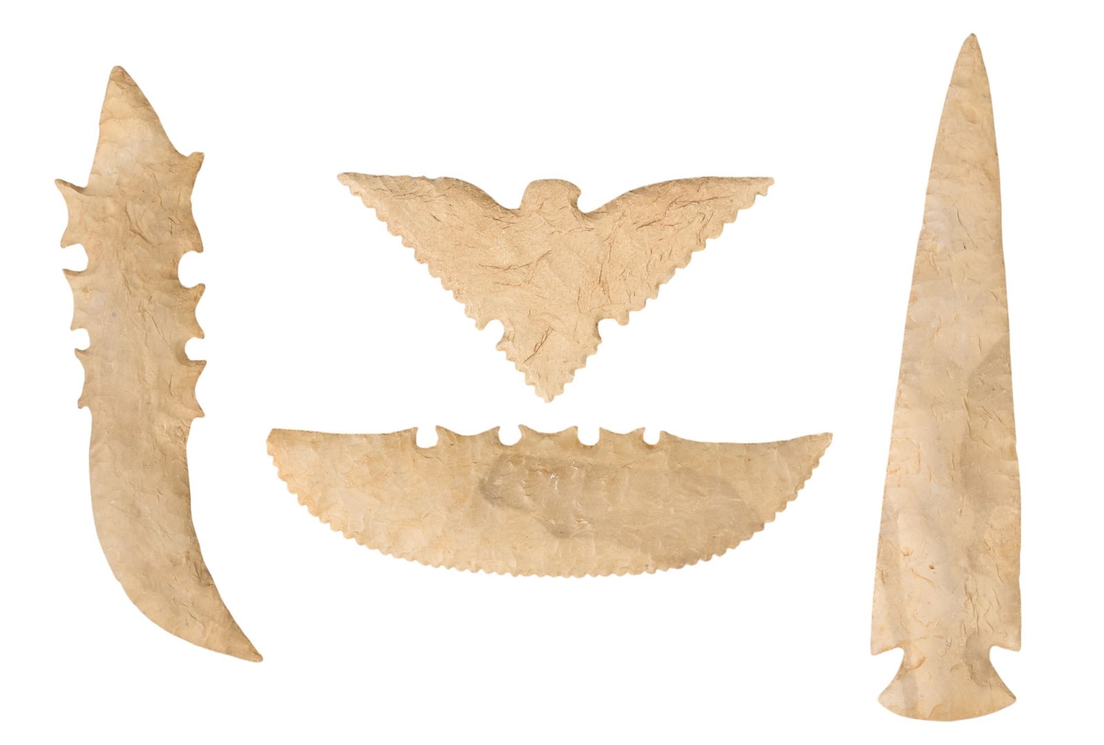 Red McCombs | (4) Native American Flint Stone Tools: Collection of four Native American flint stones tools, includes one in shape of eagle, one scraper, one spear tip, and one blade height 11 in. x width 2 in. / largest 