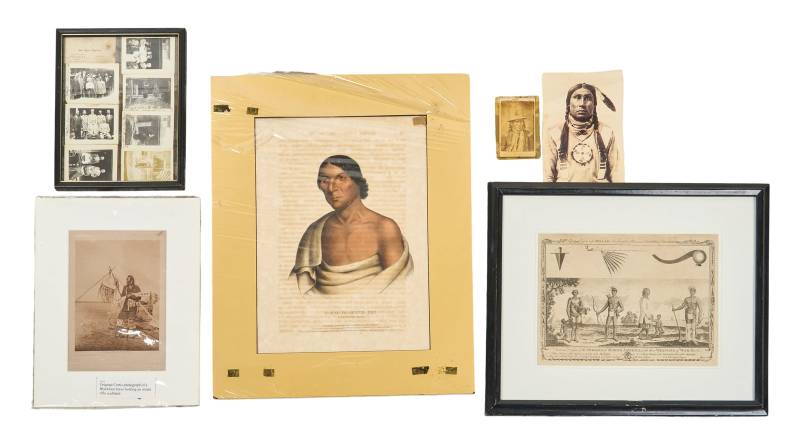 Red McCombs | Historical Prints and Photographs: Collection of 19th-century historical prints and photographs, prominently featuring "O-HYA-WA-MINCE-KEE, Chippewa Chief" lithograph from Thomas L. McKenney, alongside framed archiv