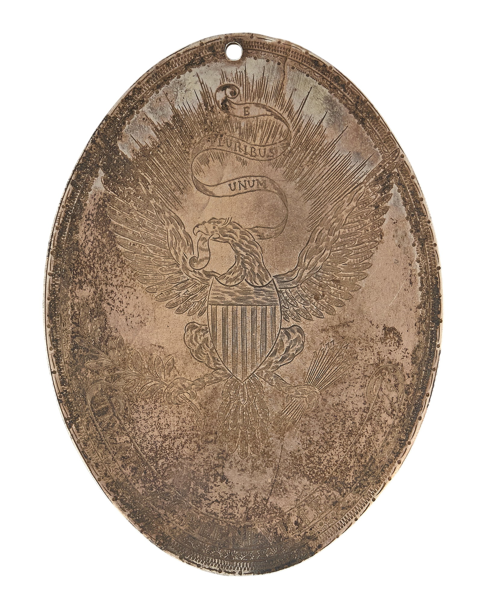 Red McCombs | 1795 Treaty Greenville Silver Indian Peace Medal: Hand-engraved oval silver medal presented to Native American leaders following the August 3rd, 1795 land-cessation treaty in Ohio height 4.25 in. x width 3 in. Total weight: 91.8 g (2.9 ozt)&nbs