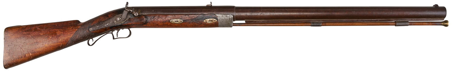 Red McCombs | Massive Antique W. Berry and J. Cooper Heavy 4 Bore Percussion Wall Gun: Manufacturer: W. Berry / J. Cooper lock (c. late 19th c.) Model: heavy percussion wall gun Caliber: 4 bore Barrel Length: 36 in. OAL: 52.5 in. Condition: Good-antique; wood stock has significant wear 