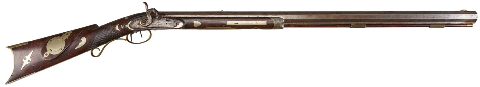 Red McCombs | German Silver Mounted Percussion Half Stock Rifle by Daniel Border: Manufacturer: Daniel B. Border-Bedford County, PA (c. 1855) Model: half-stock percussion Plains rifle Caliber: 41 cal. Barrel Length: 32 in. OAL: 48.5 in. Condition: Good-antique; wood stock has moder