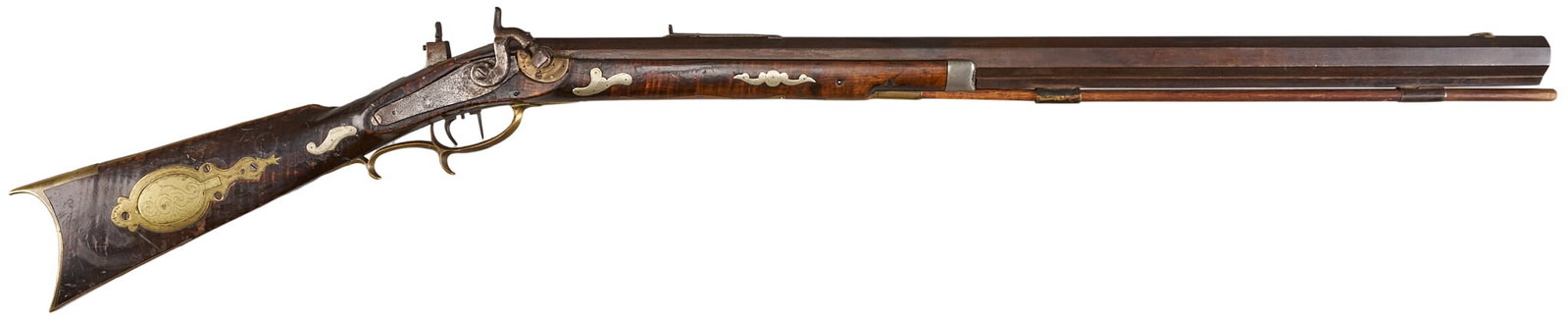 Red McCombs | German Silver Mounted Percussion Heavy Half Stock Rifle: Manufacturer: unknown (c. mid 19th c.) Model: half-stock percussion Plains rifle Caliber: 45 cal. Barrel Length: 30 in. OAL: 45.5 in. Condition: Good-antique; wood stock ha swear & patrina commens