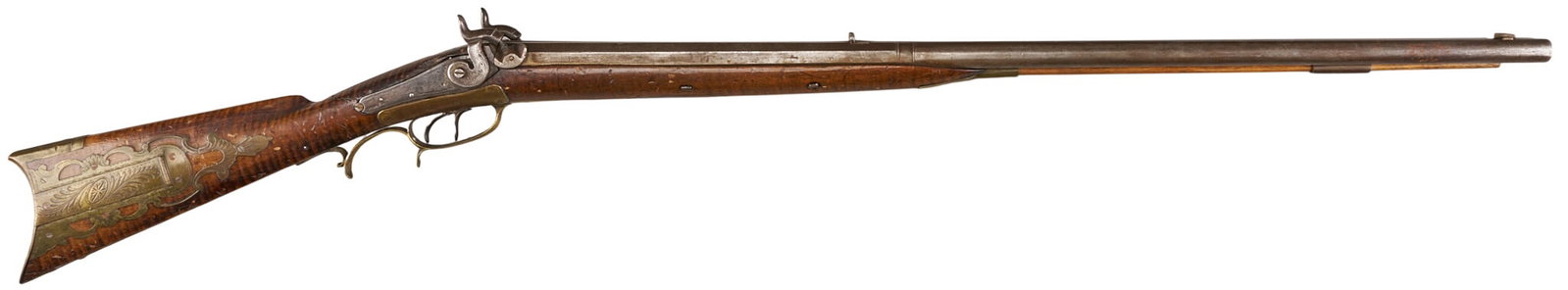 Red McCombs | Antique Josh Golcher American Percussion Double Rifle: Manufacturer: Josh Golcher locks (c. mid 19th c.) Model: percussion double rifle Caliber: left barrel-55 cal. / right barrel-38 cal. Barrel Length: 31 in. OAL: 47 in. Condition: Fair-antique; woo